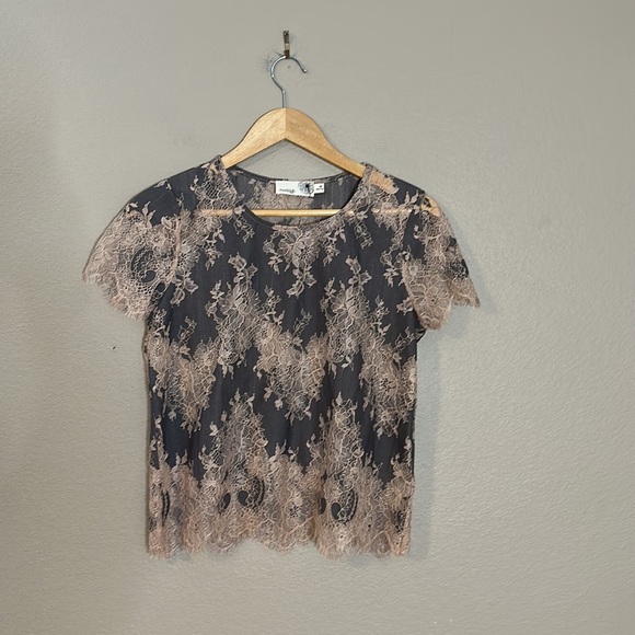 Anthropologie Everleigh Grey/Tan Lace Overlay Top Size Small Petite - Picture 3 of 8